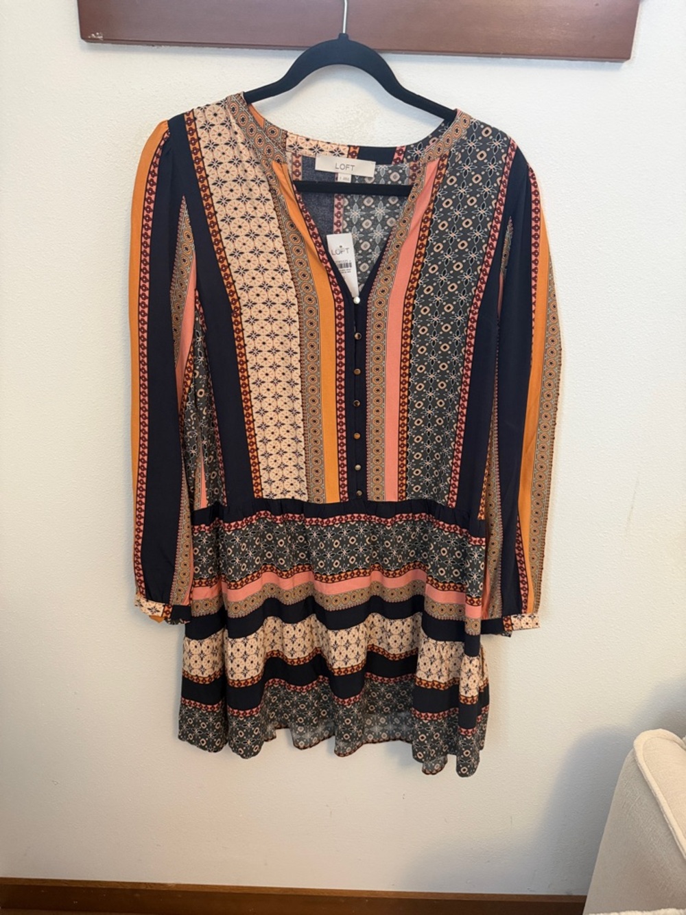 LOFT Striped Floral V‑Neck Tunic in Black, Mustard, Peach